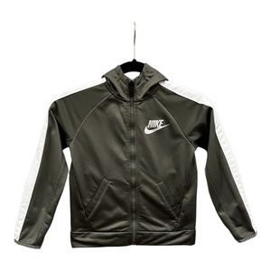 NIKE, Hooded Zip Jacket, Olive Green,white arm stripe, Polyester